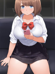 Rule 34 | 1girl, black shirt, blue eyes, blush, bow, bowtie, breasts, brown hair, cellphone, commentary request, holding, holding phone, kaisen chuui, large breasts, original, panties, phone, pleated skirt, red bow, red bowtie, school uniform, shirt, short hair, short sleeves, side-tie panties, side-tie peek, sitting, skirt, smartphone, solo, train interior, underwear, white shirt