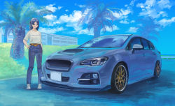Rule 34 | 1girl, blue eyes, blue hair, car, hand on own hip, highres, looking to the side, momo hiki, motor vehicle, open mouth, original, palm tree, personification, smile, subaru (brand), subaru levorg, tree, vehicle focus