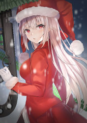 Rule 34 | 1girl, absurdres, blush, bow, braid, breasts, commentary request, dress, fate/grand order, fate (series), florence nightingale (fate), florence nightingale (santa) (fate), french braid, gloves, gun, hair between eyes, hair bow, hat, highres, holding, holding gun, holding weapon, light machine gun, long hair, looking at viewer, medium breasts, open mouth, pantyhose, parted lips, red bow, red dress, red eyes, santa costume, santa hat, snow, snowing, solo, weapon, white gloves, yufou