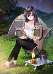 Rule 34 | 1girl, bare shoulders, black hair, black pants, blush, brown eyes, brown footwear, brown jacket, chair, character request, closed mouth, copyright request, cup, hands up, highres, holding, holding cup, jacket, kasumi komo, lantern, long hair, long sleeves, looking at viewer, night, night sky, off shoulder, outdoors, pants, shoes, sitting, sky, smile, socks, solo, star (sky), table, tank top, tent, tree, white socks, white tank top