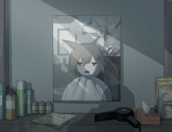 Rule 34 | 2boys, absurdres, avogado6, bib, black pants, brown hair, commentary request, furry, furry male, hair dryer, hairdressing, highres, holding, holding scissors, jitome, looking at viewer, mirror, multiple boys, original, pants, reflection, scissors, shirt, tissue box, white shirt