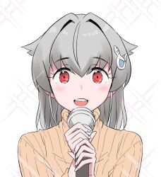 Rule 34 | 1girl, alternate costume, black hair, commentary request, hair flaps, jingei (kancolle), kantai collection, low ponytail, medium hair, microphone, music, open mouth, red eyes, ribbed sweater, simple background, singing, solo, sparkle, sweater, tamu (mad works), upper body, yellow sweater