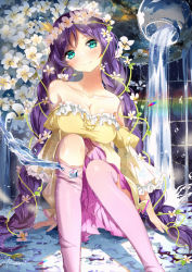 Rule 34 | 10s, 1girl, aqua eyes, artist name, blush, braid, breasts, cleavage, flower, green eyes, hair flower, hair ornament, head wreath, long hair, looking at viewer, love live!, love live! school idol festival, love live! school idol project, moami, pink thighhighs, pitcher (container), purple hair, rainbow, smile, solo, thighhighs, tojo nozomi, twin braids, twintails, very long hair, water, water drop, zettai ryouiki