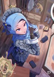 Rule 34 | 1girl, absurdres, adjusting clothes, adjusting headwear, black gloves, blue bow, blue eyes, blue hair, bow, cellphone, commentary, crown, desk lamp, dress, english commentary, gloves, highres, hijab, hololive, hoshimachi suisei, hoshimachi suisei (1st costume), lamp, phone, plaid, plaid dress, plaid headwear, smartphone, table, virtual youtuber, watermark, wooden floor, wooden table, zull