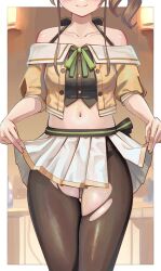 Rule 34 | 1girl, bare shoulders, black camisole, black pantyhose, breasts, brown hair, camisole, clothes lift, collarbone, crop top, cropped jacket, dalcom, green ribbon, halterneck, highres, hololive, jacket, medium hair, midriff, miniskirt, natsuiro matsuri, navel, off-shoulder jacket, off shoulder, orange jacket, pantyhose, pleated skirt, ponytail, ribbon, short sleeves, side ponytail, side slit, skindentation, skirt, skirt lift, small breasts, smile, solo, stomach, thighs, torn clothes, torn pantyhose, virtual youtuber, white skirt
