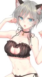 Rule 34 | 1girl, anastasia (idolmaster), animal ear fluff, animal ears, aqua eyes, bare shoulders, bell, black bra, black panties, blush, bra, breasts, cat cutout, cat ear panties, cat ears, cat girl, cat lingerie, choker, cleavage, cleavage cutout, clothing cutout, collarbone, commentary request, extra ears, eyelashes, fang, fingernails, frilled bra, frills, groin, hair between eyes, hands up, highres, idolmaster, idolmaster cinderella girls, jingle bell, kemonomimi mode, looking at viewer, medium breasts, meme attire, navel, neck bell, open mouth, panties, paw pose, paw print, rum raisin (chihiromakita19), short hair, side-tie panties, sidelocks, simple background, solo, stomach, tongue, underboob, underwear, underwear only, white background