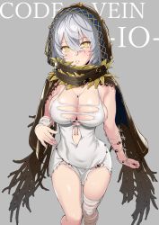Rule 34 | 1girl, bandaged arm, bandaged leg, bandages, blush, bracelet, breasts, character name, cleavage, cloak, code vein, copyright name, dress, eyelashes, grey background, hair between eyes, highres, hood, hood up, io (code vein), jewelry, large breasts, looking at viewer, necklace, parted lips, short hair, sidelocks, silver hair, simple background, solo, thighs, torn clothes, torn dress, typehatena, yellow eyes