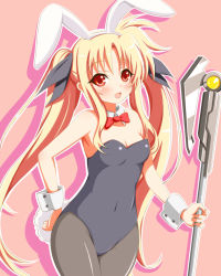 Rule 34 | 00s, :d, animal ears, bad id, bad pixiv id, bardiche (assault form) (nanoha), bardiche (nanoha), bare shoulders, blonde hair, blush, bow, bowtie, covered navel, fake animal ears, fate testarossa, from side, hair ribbon, hand on own hip, heart, hip focus, leotard, long hair, lyrical nanoha, mahou shoujo lyrical nanoha, mahou shoujo lyrical nanoha a&#039;s, navel, open mouth, pantyhose, playboy bunny, rabbit ears, rabbit tail, red eyes, ribbon, smile, solo, tail, twintails, very long hair, violetshit, wide hips, wrist cuffs