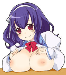 Rule 34 | 1girl, bad id, bad pixiv id, blush, breast rest, breasts, breasts out, framed breasts, inverted nipples, large breasts, masto, nipples, purple hair, red eyes, ribbon, seikon no qwaser, short hair, smile, solo, yamanobe tomo