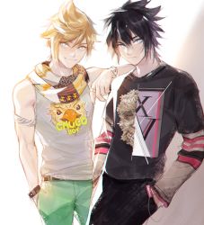 Rule 34 | 2boys, armlet, black hair, blonde hair, blue eyes, casual, chocobo, final fantasy, final fantasy xv, ginmu, hands in pockets, looking at viewer, multiple boys, noctis lucis caelum, prompto argentum, scarf, smile, spiked hair, wristband