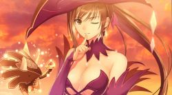 Rule 34 | 1girl, absurdres, bare shoulders, breasts, brown eyes, brown hair, detached collar, detached sleeves, earrings, finger to mouth, hat, highres, huge filesize, jewelry, long hair, looking at viewer, parted lips, ponytail, sega, shining (series), shining ark, sky, sunset, tony taka, upper body, viola (shining ark), wallpaper, wink