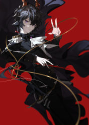 Rule 34 | 1boy, arknights, ascot, conductor baton, black hair, black jacket, black pants, brooch, commentary request, ebenholz (arknights), epaulettes, highres, holding, horns, indai (3330425), jacket, jewelry, long sleeves, looking at viewer, male focus, pants, purple eyes, short hair, solo, white ascot