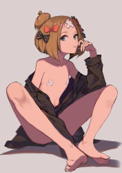 Rule 34 | 1girl, abigail williams (fate), abigail williams (traveling outfit) (fate), bandaid, bandaids on nipples, barefoot, black bow, black jacket, blue eyes, bow, brown hair, closed mouth, coat, collarbone, commentary request, crossed bandaids, fate/grand order, fate (series), feet, flat chest, full body, grey background, hair bow, hair bun, hand up, heroic spirit traveling outfit, highres, jacket, long sleeves, looking at viewer, naked coat, navel, off shoulder, official alternate costume, open clothes, open jacket, orange bow, parted bangs, pasties, polka dot, polka dot bow, rabbit (tukenitian), shadow, single hair bun, sitting, solo, tongue, tongue out