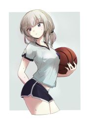 Rule 34 | 10s, 1girl, alternate hairstyle, arm behind back, ball, basketball, basketball (object), black shorts, blue eyes, closed mouth, commentary request, derivative work, dolphin shorts, emblem, from side, girls und panzer, grey background, gym shirt, hair tie, hair up, highres, holding, itsumi erika, light frown, looking at viewer, moro (like the gale!), outside border, shirt, short ponytail, short shorts, short sleeves, shorts, silver hair, single vertical stripe, solo, standing, sweat, t-shirt, v-neck