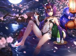 Rule 34 | 1girl, alcohol, bare legs, bare shoulders, barefoot, bob cut, breasts, cherry blossoms, cup, eyeliner, faicha, fang, fate/grand order, fate (series), feet, green kimono, grin, headpiece, holding, holding cup, horns, japanese clothes, kimono, knee up, lantern, looking at viewer, makeup, midriff, moon, multicolored clothes, multicolored kimono, navel, night, night sky, oni, onsen, open clothes, open kimono, open mouth, petals, plate, purple eyes, purple hair, purple kimono, reclining, revealing clothes, rock, sake, short hair, shuten douji (fate), skin-covered horns, skin fang, sky, small breasts, smile, solo, spread legs, stomach, teeth, toes, tokkuri, tree, water