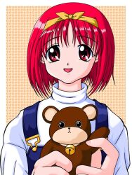 Rule 34 | 1girl, bell, female focus, hair ribbon, holding, holding stuffed toy, kamigishi akari, long sleeves, medium hair, open mouth, overalls, red eyes, red hair, ribbon, solo, standing, stuffed animal, stuffed toy, teddy bear, to heart, to heart (series), turtleneck