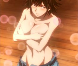 Rule 34 | 10s, 1girl, asai hyougo, blush, breasts, brown hair, cleavage, covering privates, covering breasts, embarrassed, fuuun ishin dai shogun, highres, large breasts, navel, screencap, short hair, solo, standing, stitched, third-party edit, topless