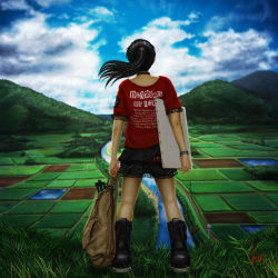 Rule 34 | 1girl, bag, black hair, boots, bracelet, canvas (object), choker, clothes writing, cloud, day, ebi (eeotoko), english text, engrish text, field, from behind, grass, highres, hill, jewelry, landscape, long hair, oekaki musume, original, pixiv, ponytail, ranguage, realistic, rice paddy, river, rural, scenery, shirt, signature, sky, solo, t-shirt