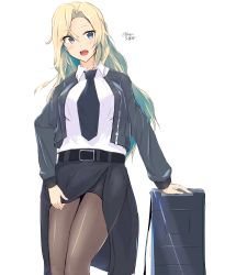 Rule 34 | 1girl, belt, black belt, black jacket, black necktie, black pantyhose, black skirt, blonde hair, bomber jacket, breasts, commentary request, cowboy shot, dress shirt, grey eyes, hornet (kancolle), jacket, kantai collection, large breasts, long hair, looking at viewer, minoa 11touhei, necktie, pantyhose, pencil skirt, shirt, simple background, skirt, solo, standing, weapon case, white background, white shirt