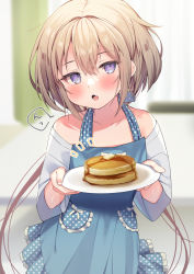 Rule 34 | 1girl, :o, apron, blue apron, blurry, blurry background, blush, brown hair, collarbone, commentary request, curtains, depth of field, ebihara beniko, fang, food, frilled apron, frills, hair between eyes, hands up, highres, holding, holding plate, indoors, long hair, looking at viewer, low twintails, notice lines, off shoulder, open mouth, original, pancake, pancake stack, plate, polka dot, polka dot apron, purple eyes, shirt, short sleeves, solo, translation request, twintails, very long hair, white shirt, window