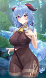 Rule 34 | 1girl, ahoge, bare shoulders, bell, blue hair, blush, bodystocking, breasts, cowbell, fouriasensei, ganyu (genshin impact), genshin impact, goat horns, gold trim, highres, horns, large breasts, long hair, neck bell, partially submerged, purple eyes, rain, solo, wet, wet clothes