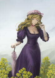 Rule 34 | 1girl, absurdres, artist name, blonde hair, bow, breasts, choker, cleavage, closed umbrella, collarbone, day, dress, elbow gloves, field, flower, flower field, fog, frilled dress, frills, gloves, hair bow, hair ribbon, twirling hair, hat, hat bow, highres, koshi (koshi vortex), light smile, long hair, looking at viewer, meadow, medium breasts, mob cap, nature, neck ribbon, outdoors, puffy short sleeves, puffy sleeves, purple dress, purple eyes, ribbon, ribbon choker, short sleeves, signature, sky, solo, touhou, tress ribbon, umbrella, wavy hair, white gloves, yakumo yukari