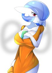 Rule 34 | 1girl, absurdres, ashraely, bad id, bad pixiv id, blue hair, blush, bob cut, bracelet, breasts, closed mouth, clothed pokemon, collarbone, colored skin, cowboy shot, creatures (company), dress, dress tug, female focus, game freak, gardevoir, gen 3 pokemon, hair over one eye, hand up, highres, huge breasts, jewelry, legs together, light blush, looking at viewer, nervous, nintendo, orange dress, pokemon, pokemon (creature), red eyes, shiny skin, short dress, short hair, short sleeves, simple background, solo, sweat, wavy mouth, white background, white skin