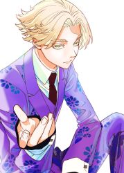Rule 34 | 1boy, bad id, bad twitter id, black necktie, blonde hair, burn scar, closed mouth, collared shirt, cowboy shot, dress shirt, formal, green eyes, hand up, highres, inui seishu, jacket, knee up, long sleeves, looking at viewer, male focus, necktie, pants, purple jacket, purple pants, purple suit, scar, shirt, short hair, simple background, sitting, sleeves past wrists, solo, suit, tokyo revengers, tsu hanpen, white background, white shirt