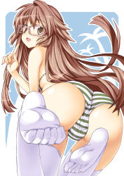 Rule 34 | 1girl, ass, bikini, brown eyes, brown hair, feet, fingernails, foot focus, from behind, glasses, highres, long hair, looking back, mushi024, open mouth, original, simple background, soles, solo, striped bikini, striped clothes, swimsuit, thigh gap, thighhighs, toe scrunch, toes, white thighhighs