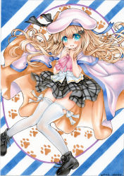 Rule 34 | 1girl, beret, black footwear, blonde hair, blue eyes, boots, bow, cape, fang, grey skirt, hat, little busters!, looking at viewer, mosho, noumi kudryavka, paw print, pink bow, plaid, plaid skirt, school uniform, skirt, solo, thighhighs, traditional media, white hat, white thighhighs