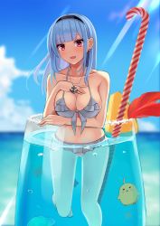 Rule 34 | 1girl, :d, air bubble, anchor necklace, arm under breasts, azur lane, bare shoulders, bikini, black hairband, blue sky, blunt bangs, blurry, blurry background, blush, breasts, bubble, candy, candy cane, cleavage, cloud, cocktail glass, collarbone, commentary request, cup, day, dido (azur lane), drink, drinking glass, earrings, food, front-tie bikini top, front-tie top, grey bikini, hairband, hand on own chest, heart, heart earrings, highres, in container, in cup, jewelry, lace-trimmed hairband, lace trim, large breasts, light rays, long hair, looking at viewer, manjuu (azur lane), midriff, navel, necklace, ocean, open mouth, partially submerged, purple eyes, shaketarako, sidelocks, silver hair, sky, smile, solo focus, sunbeam, sunlight, swimsuit