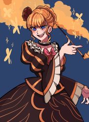Rule 34 | 1girl, bad id, bad twitter id, beatrice (umineko), black choker, blue background, blue eyes, blush, bow, braid, breadytime, bright pupils, bug, butterfly, choker, collarbone, commentary, dress, english commentary, evil grin, evil smile, fang, flower, french braid, frilled choker, frilled dress, frilled sleeves, frills, furrowed brow, grin, hair flower, hair ornament, highres, holding, holding smoking pipe, insect, juliet sleeves, kiseru, long sleeves, nail polish, orange hair, pink bow, pink nails, puffy sleeves, red flower, red rose, rose, sidelocks, smile, smoke, smoking pipe, solo, sparkle, umineko no naku koro ni, white pupils, wide sleeves, yellow butterfly
