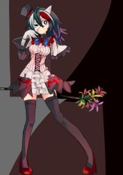 Rule 34 | &gt;:), 1girl, adapted costume, aoi kujira, bad id, bad twitter id, black hair, black thighhighs, breasts, bright pupils, capelet, cone horns, corset, garter straps, gloves, hat, high heels, highres, horns, kijin seija, mini hat, mini top hat, miniskirt, multicolored hair, pigeon-toed, red eyes, red hair, showgirl skirt, single horn, skirt, solo, streaked hair, thighhighs, top hat, touhou, v-shaped eyebrows, white hair, white pupils, zettai ryouiki
