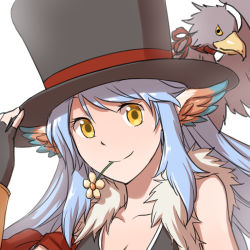 Rule 34 | 1girl, armband, bird, black gloves, black hat, blue hair, blue wings, breasts, brown shirt, cleavage, closed mouth, commentary request, falcon, fingerless gloves, flower, flower in mouth, fur-trimmed shirt, fur trim, gloves, gradient wings, hat, hat tip, head wings, light blue hair, long hair, looking at viewer, multicolored wings, natsuya (kuttuki), orange wings, ragnarok online, shirt, simple background, sleeveless, sleeveless shirt, smile, sniper (ragnarok online), solo, top hat, two-tone gloves, upper body, white background, white wings, wings, yellow eyes, yellow flower, yellow gloves