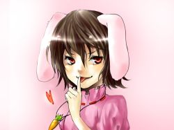 Rule 34 | 1girl, animal ears, brown hair, face, female focus, finger to mouth, gradient background, heart, inaba tewi, rabbit ears, red eyes, serpens (hebi), short hair, solo, tongue, touhou, white background