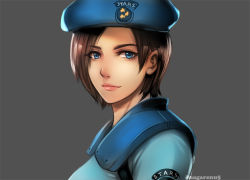 Rule 34 | 1girl, beret, blue eyes, breasts, brown hair, capcom, closed mouth, commentary request, hat, jill valentine, lips, looking at viewer, nagare, resident evil, short hair, simple background, smile, solo