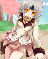 Rule 34 | 1girl, bad id, bad pixiv id, bread slice, cherry blossoms, elsword, eve (elsword), facial mark, food, food in mouth, forehead jewel, morumoru00, mouth hold, school uniform, short hair, silver hair, skirt, toast, toast in mouth, uniform, yellow eyes