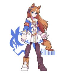 Rule 34 | 1girl, absurdres, animal ears, armlet, black footwear, black pantyhose, blue dress, blue eyes, boots, brown footwear, brown hair, closed mouth, commentary, commentary request, dress, ear ornament, english commentary, full body, grass wonder (umamusume), highres, horse ears, horse girl, horse tail, long hair, long sleeves, looking at viewer, multicolored hair, pantyhose, simple background, solo, soulmaster uwu, streaked hair, tail, umamusume, v-shaped eyebrows, white background, white hair