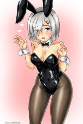 Rule 34 | 1girl, animal ears, black leotard, black pantyhose, blue eyes, blush, bow, bowtie, breasts, covered navel, detached collar, eyes visible through hair, gradient background, hair between eyes, hair ornament, hair over one eye, hairclip, hamakaze (kancolle), kantai collection, kudou (ooabareteng), large breasts, leotard, looking at viewer, pantyhose, pink background, playboy bunny, rabbit ears, short hair, solo, strapless, strapless leotard, sweatdrop, wrist cuffs