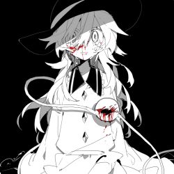 Rule 34 | 1girl, :d, arms at sides, black background, bleeding, blood, blood on face, bloody tears, blouse, buttons, commentary, crying, crying with eyes open, diamond button, frilled shirt collar, frills, greyscale, hair between eyes, hair over one eye, hat, higa423, highres, injury, komeiji koishi, long hair, looking at viewer, monochrome, open mouth, shirt, skirt, sleeves past fingers, sleeves past wrists, smile, solo, spot color, tears, third eye, touhou, upper body, very long hair, very long sleeves, wide-eyed