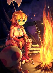 Rule 34 | 1boy, 1girl, babusgames, biker peach, blonde hair, blue eyes, boots, breasts, crown, fire, fire pit, gloves, halberd, highres, holding, holding polearm, holding weapon, large breasts, long hair, looking at viewer, mario (series), night, night sky, nintendo, outdoors, polearm, ponytail, princess peach, sitting, sky, star (sky), starry sky, sword, the super mario bros. movie, toad (mario), weapon
