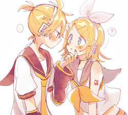 Rule 34 | ..., 1boy, 1girl, :t, ?, arm warmers, bare shoulders, black collar, black sleeves, blonde hair, blue eyes, blush, bow, brother and sister, collar, commentary, crop top, grabbing another&#039;s chin, hair bow, hair ornament, hairclip, hand on another&#039;s chin, headphones, kagamine len, kagamine rin, leaning forward, looking at another, nail polish, neckerchief, necktie, sailor collar, school uniform, shirt, short hair, short ponytail, short sleeves, shoulder tattoo, siblings, spiked hair, spoken ellipsis, spoken question mark, suzumi (fallxalice), swept bangs, tattoo, twins, upper body, vocaloid, white background, white bow, white shirt, yellow nails, yellow neckerchief