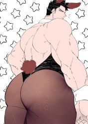 Rule 34 | 1boy, animal ears, ass, ass focus, bad id, bad twitter id, bara, bare back, boku no hero academia, bssku, crossdressing, detached collar, endeavor (boku no hero academia), facial hair, flat color, from below, highres, leotard, long sideburns, looking at viewer, looking down, male focus, male playboy bunny, mature male, muscular, muscular male, pantyhose, rabbit ears, rabbit tail, short hair, sideburns, solo, spiked hair, strapless, strapless leotard, tail, thick thighs, thighs, wrist cuffs