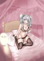 Rule 34 | 1girl, absurdres, afterimage, bed, bed invitation, black thighhighs, blue eyes, bra, commission, frilled bra, frilled gloves, frilled panties, frills, gloves, grey bra, grey hair, grey panties, highres, kantai collection, kashima (kancolle), long hair, looking at viewer, meru-chan, panties, pillow, sitting, skeb commission, solo, thighhighs, tsurime, twintails, underwear, underwear only, wavy hair, white gloves, yokozuwari