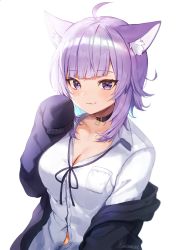 1girl :3 ahoge animal_ear_fluff animal_ears artist_name backlighting blunt_bangs breasts buttons cat_ears choker cleavage closed_mouth collarbone highres hololive kura_noi light_purple_hair long_sleeves looking_at_viewer medium_breasts nekomata_okayu nekomata_okayu_(oversized_shirt) official_alternate_costume purple_eyes shirt signature sleeves_past_fingers sleeves_past_wrists solo upper_body virtual_youtuber white_shirt