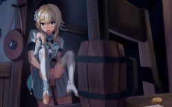 Rule 34 | 1boy, 1girl, barrel, blonde hair, blush, boots, breasts, censored, flower, genshin impact, girl on top, gold, hair flower, hair ornament, held up, highres, indoors, leg grab, lumine (genshin impact), medium hair, mosaic censoring, night, open mouth, penis, pussy, saliva, sex, sex from behind, sillyprim, straddling, thigh boots, thighhighs, vaginal, yellow eyes