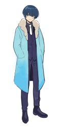 Rule 34 | 1boy, black shirt, blue coat, blue eyes, blue hair, blue pants, blue vest, closed mouth, coat, collared shirt, commentary request, dark blue hair, e.g.o (project moon), employee (project moon), full body, fur-trimmed coat, fur trim, hands in pockets, lobotomy corporation, long sleeves, male focus, medu (rubish), necktie, open clothes, open coat, pants, project moon, shirt, short hair, simple background, smile, solo, teardrop facial mark, vest, white background, white necktie