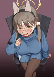 Rule 34 | 1girl, bad id, bad twitter id, black hairband, blue archive, blue skirt, blue sweater, blush, breasts, brown hair, brown pantyhose, candy, chair, crossed legs, food, from above, glasses, gradient background, hair ornament, hairband, halo, highres, holding, holding candy, holding food, holding lollipop, kumanomi, large breasts, lollipop, looking at viewer, low twintails, mechanical ears, miniskirt, moe (blue archive), on chair, pantyhose, pleated skirt, pom pom (clothes), pom pom hair ornament, round eyewear, seductive smile, sitting, skirt, smile, solo, sweater, twintails, yellow eyes