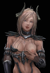 Rule 34 | 1girl, absurdres, bad id, bad pixiv id, black background, blonde hair, blue eyes, bracer, breasts, character request, highres, horns, lactation, licking lips, lips, looking at viewer, mabinogi, mabinogi heroes, medium breasts, naughty face, navel, nipples, realistic, revealing clothes, shoowarke, short hair, simple background, solo, teeth, tiara, tongue, tongue out, torn clothes, upper body