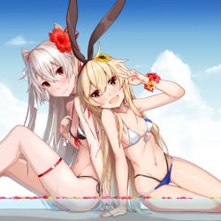 Rule 34 | 10s, 2girls, :d, adapted costume, amatsukaze (kancolle), arm support, bikini, black bikini, blonde hair, blue bikini, blue sky, blush, bracelet, breasts, brown eyes, cleavage, closed mouth, cloud, cloudy sky, day, fang, flower, front-tie bikini top, front-tie top, gluteal fold, hair between eyes, hair flower, hair ornament, hair ribbon, hairband, highleg, highleg bikini, jewelry, kantai collection, layered bikini, leaning, long hair, looking at viewer, mismatched bikini, multiple girls, navel, open mouth, outdoors, ribbon, shimakaze (kancolle), side-tie bikini bottom, sidelocks, silver hair, sky, small breasts, smile, sweat, swimsuit, takanashi kei (hitsujikan), thigh strap, two side up, v, very long hair, white bikini